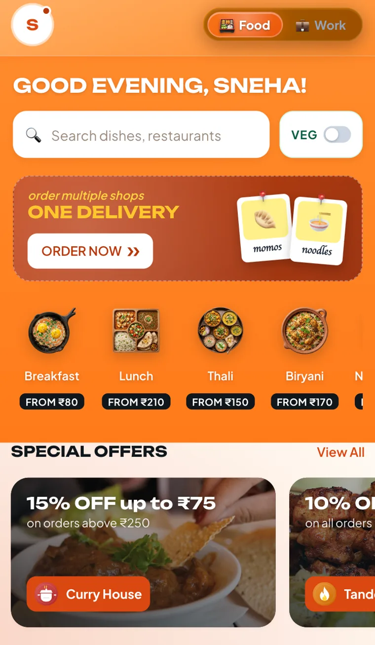 thebizz360 Food home screen with dish search, a veg filter, food categories such as breakfast, lunch, thali and biryani, and special offers