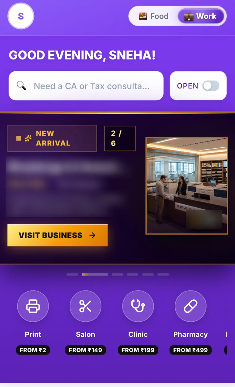 thebizz360 Work home screen with a search for services like a CA or tax consultant, a featured business card, and categories such as print, salon, clinic and pharmacy